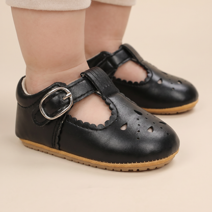 Perforated T-Strap Buckle Shoes