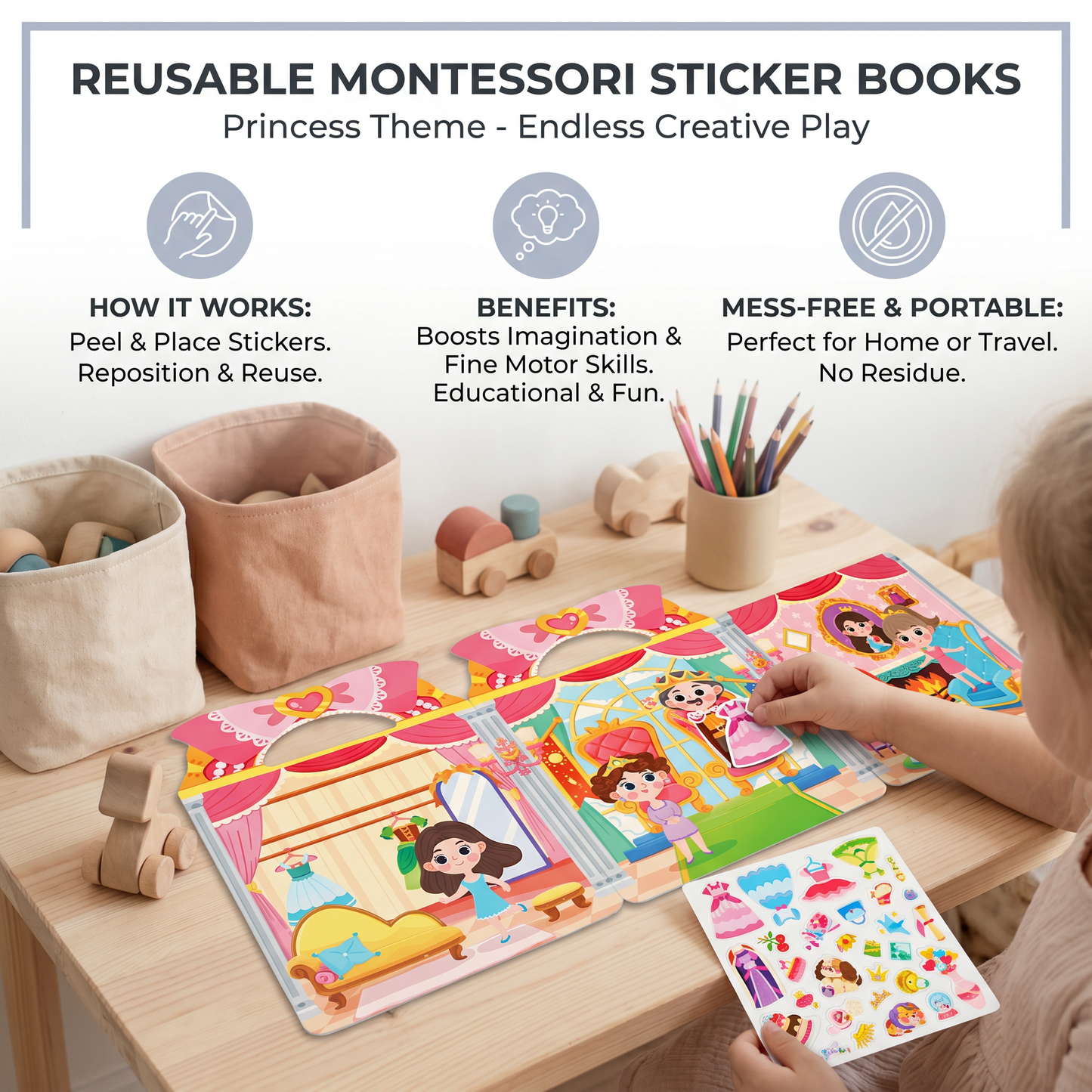 Reusable Montessori sticker books with various themes
