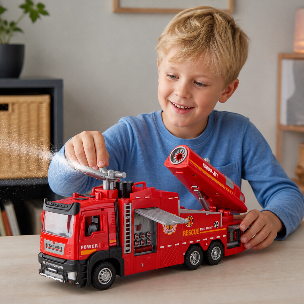 Pull-Back Fire Truck Toy with Water Spray, Lights & Sounds