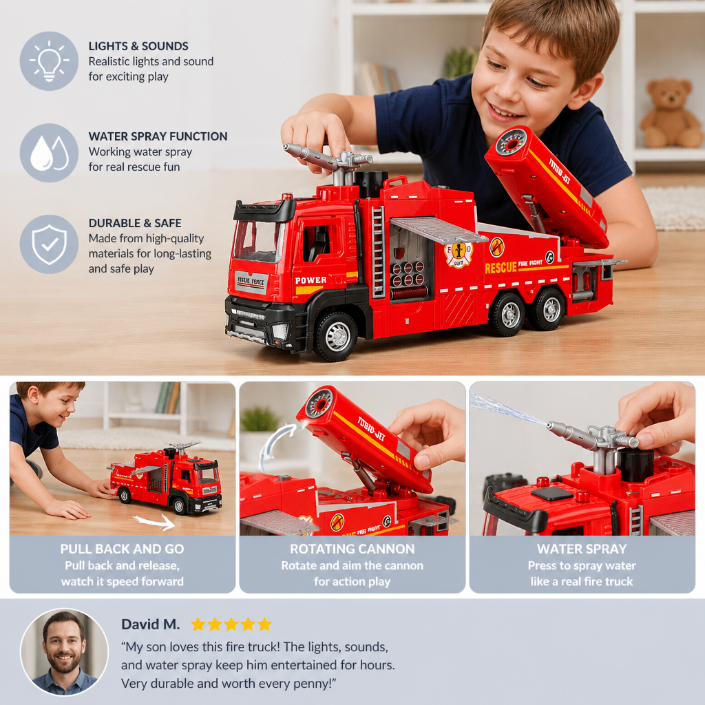 Pull-Back Fire Truck Toy with Water Spray, Lights & Sounds