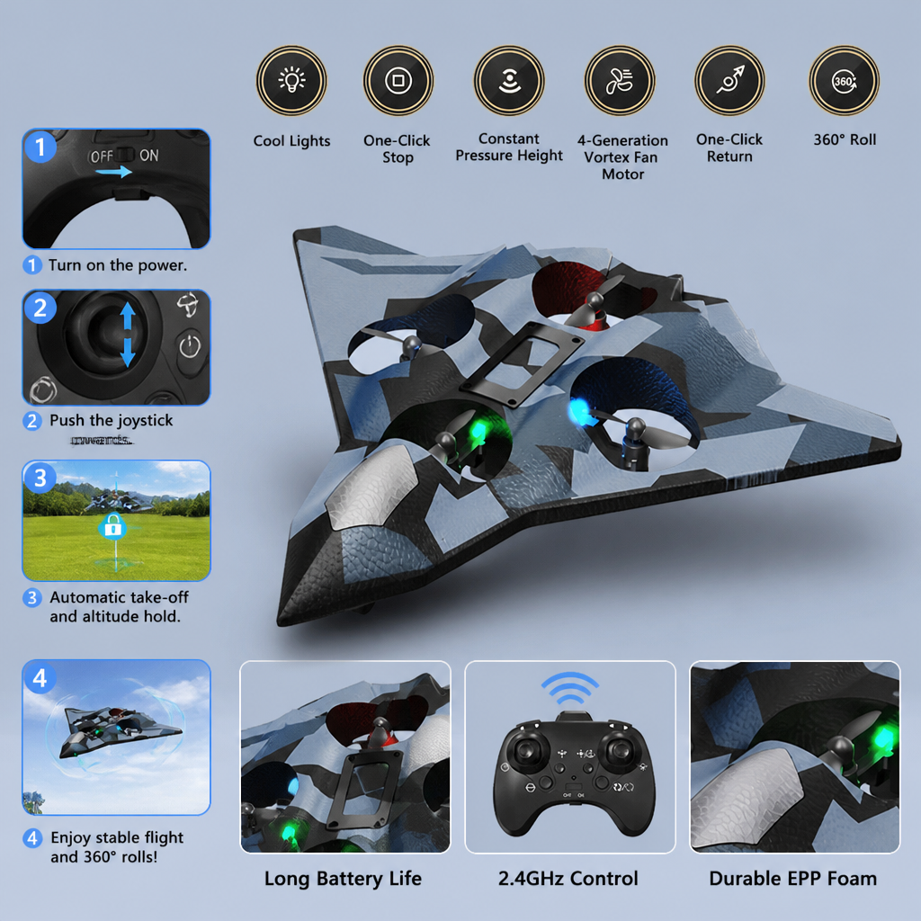 Durable Foam RC Fighter Plane with Altitude Hold & 360° Stunt Rolls