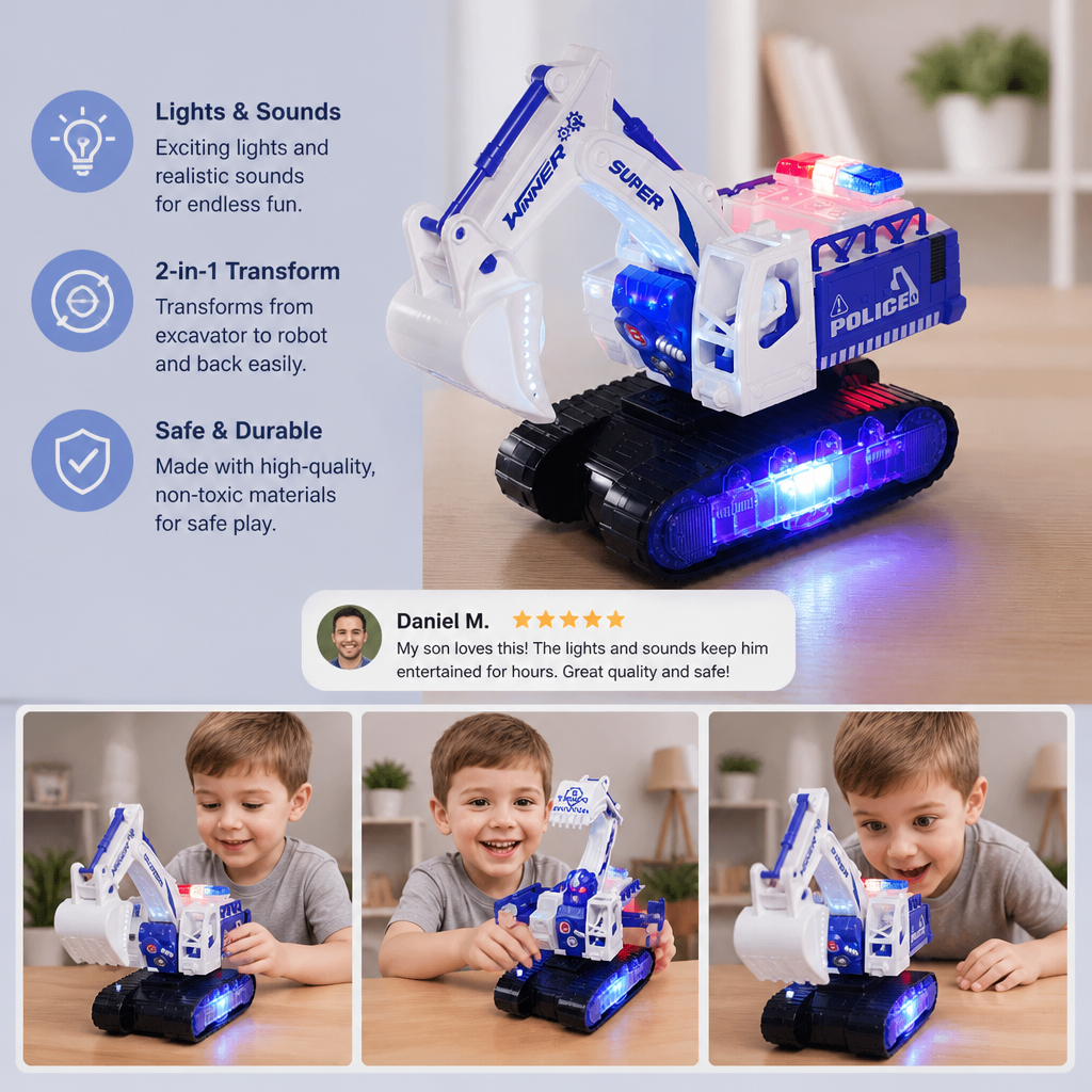 Transforming Police Robot Excavator Toy with Lights & Sounds