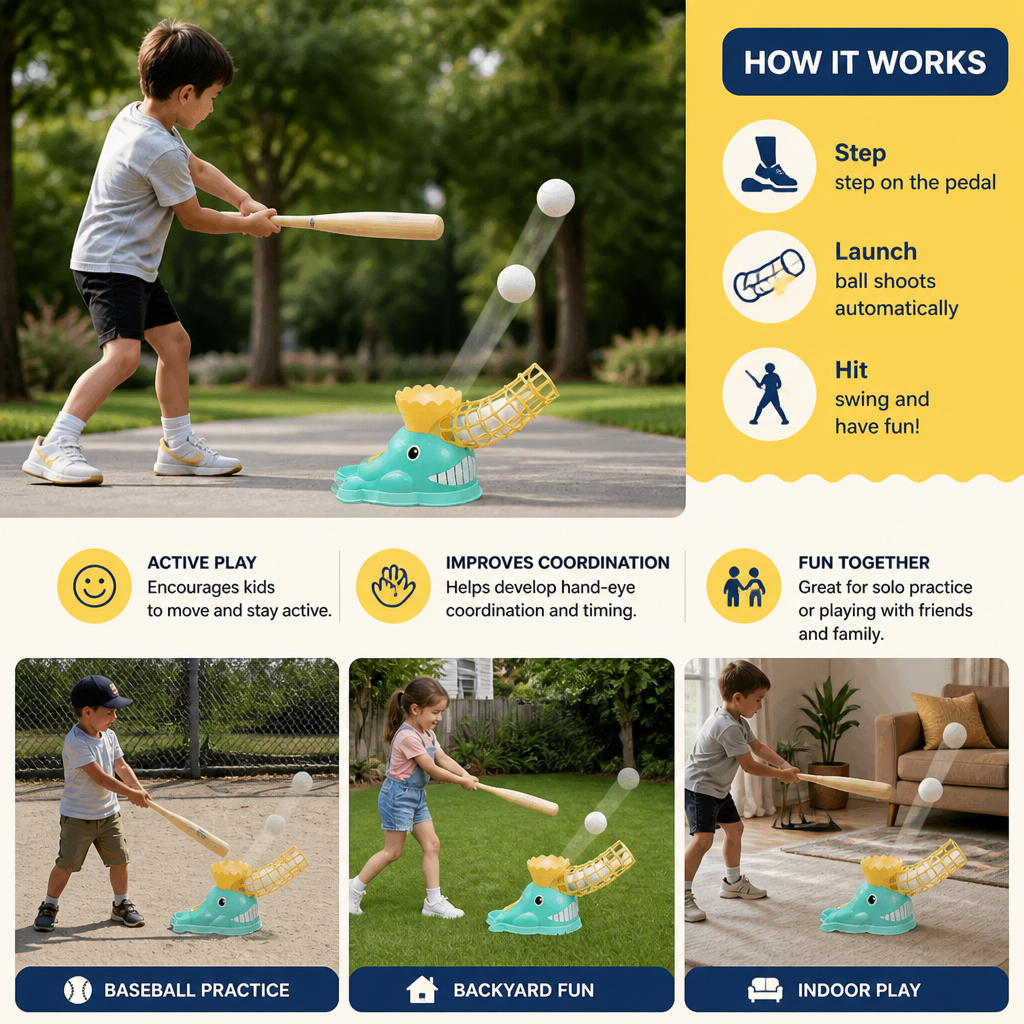 Step-On Baseball Pitching Machine with Bat & Balls for Kids