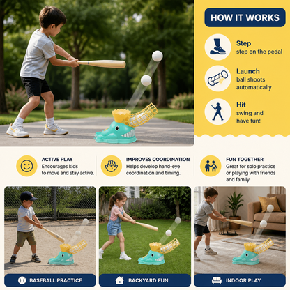 Step-On Baseball Pitching Machine with Bat & Balls for Kids