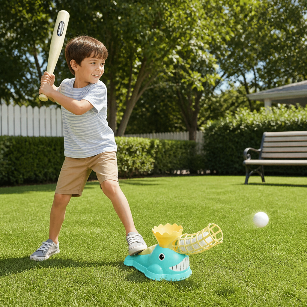 Step-On Baseball Pitching Machine with Bat & Balls for Kids