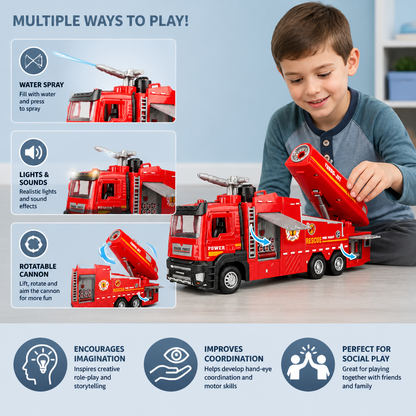 Pull-Back Fire Truck Toy with Water Spray, Lights & Sounds