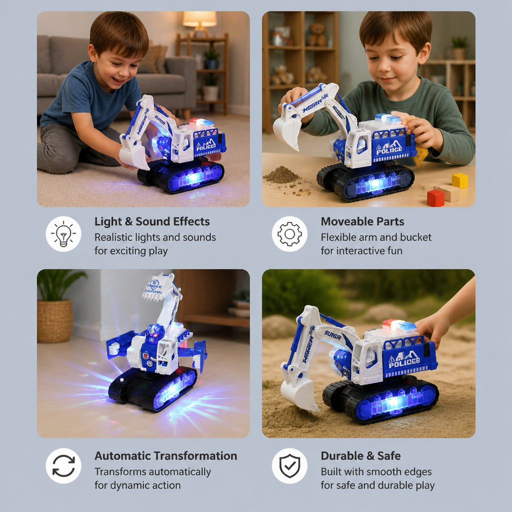 Transforming Police Robot Excavator Toy with Lights & Sounds