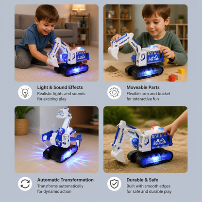 Transforming Police Robot Excavator Toy with Lights & Sounds