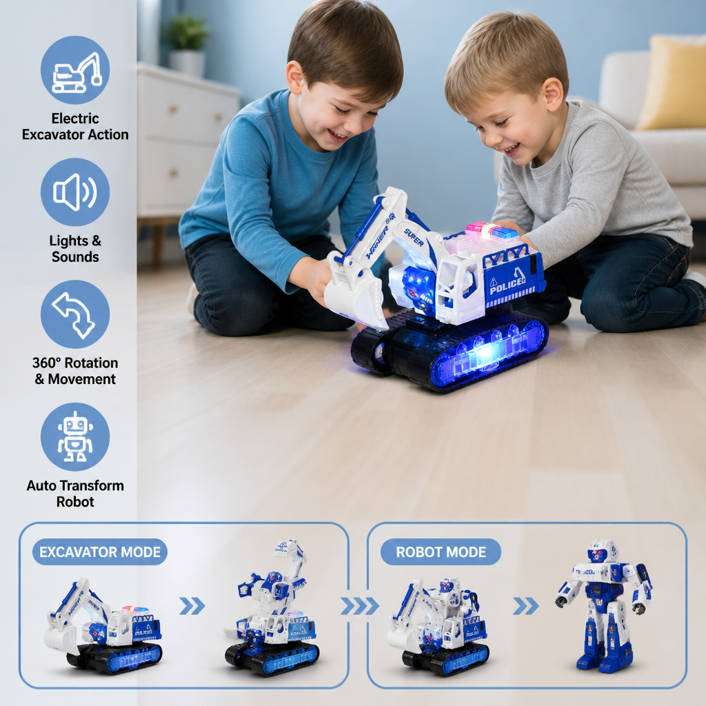 Transforming Police Robot Excavator Toy with Lights & Sounds