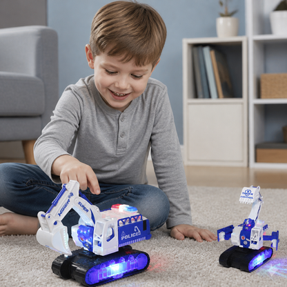 Transforming Police Robot Excavator Toy with Lights & Sounds