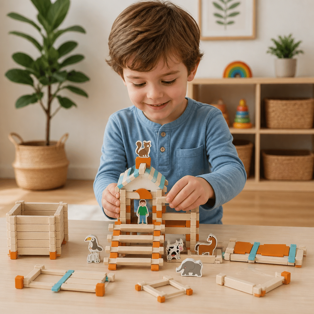 Montessori wooden building block set – natural stacking and construction toy