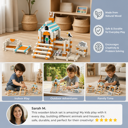 Montessori wooden building block set – natural stacking and construction toy