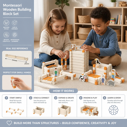 Montessori wooden building block set – natural stacking and construction toy