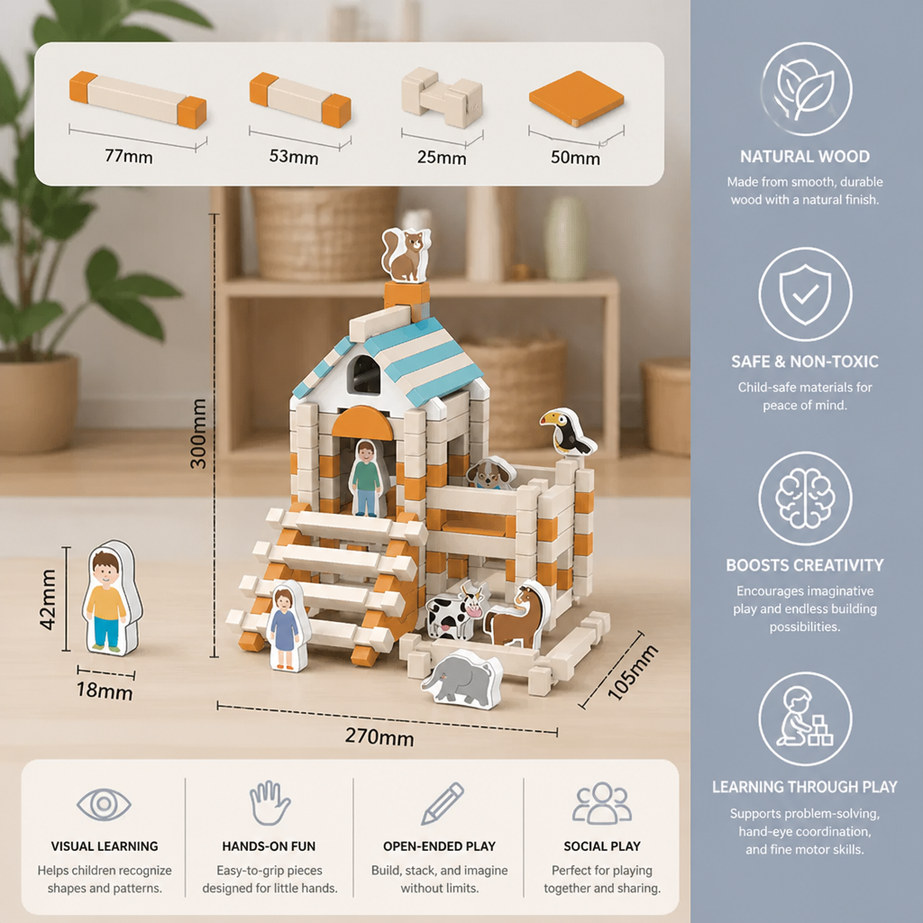 Montessori wooden building block set – natural stacking and construction toy
