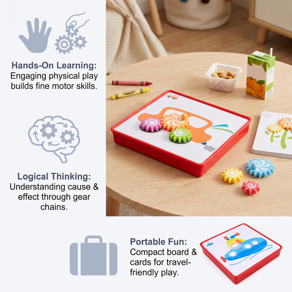 Creative Gear Puzzle Board Travel Box with Activity Cards for Kids