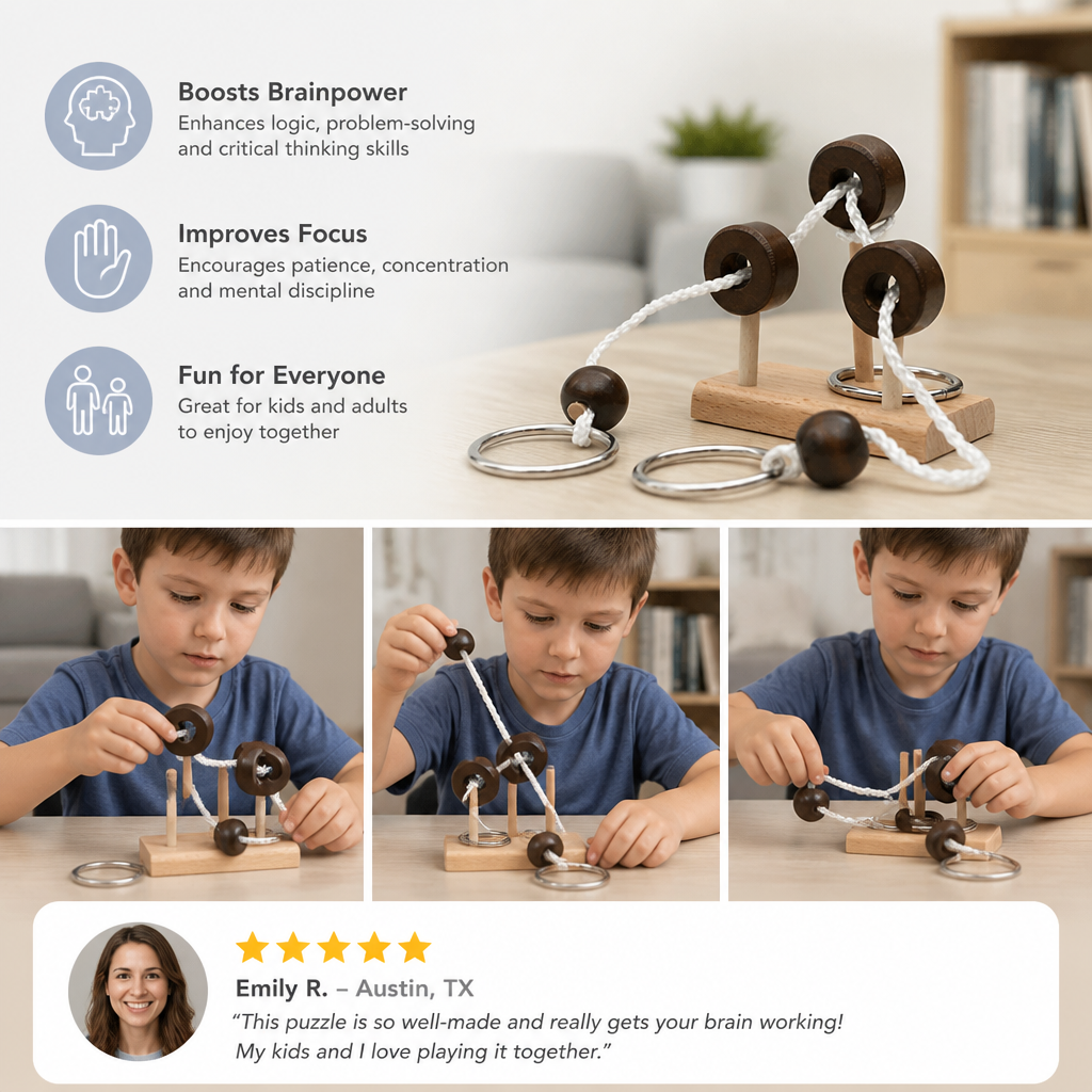 Handmade Wooden Rope Brain Teaser – Logic Puzzle Game for the Whole Family