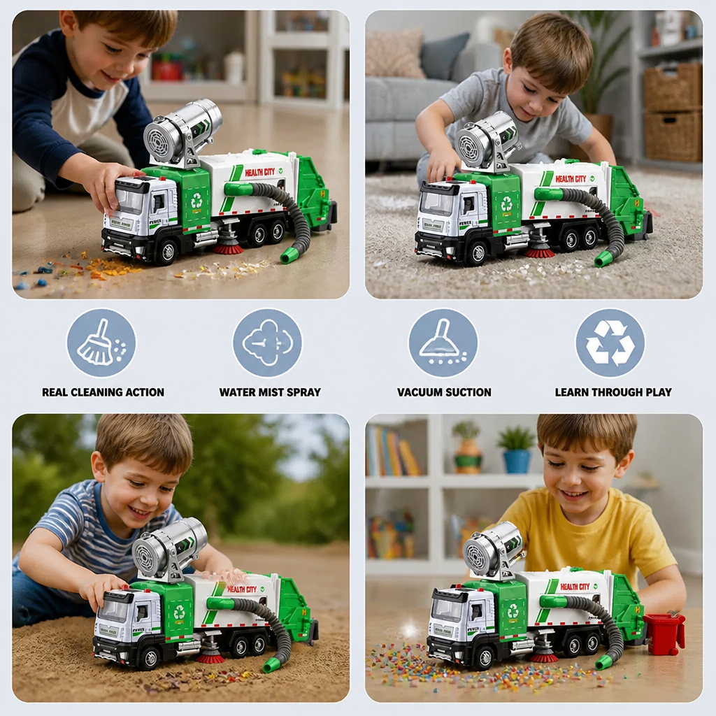 Die-Cast Street Sweeper Toy Truck with Vacuum Hose & Mist Spray