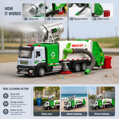 Die-Cast Street Sweeper Toy Truck with Vacuum Hose & Mist Spray