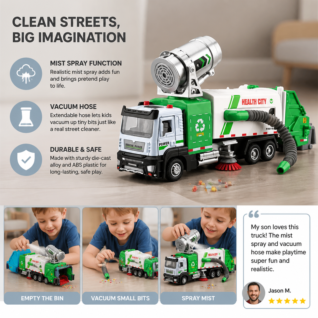 Die-Cast Street Sweeper Toy Truck with Vacuum Hose & Mist Spray