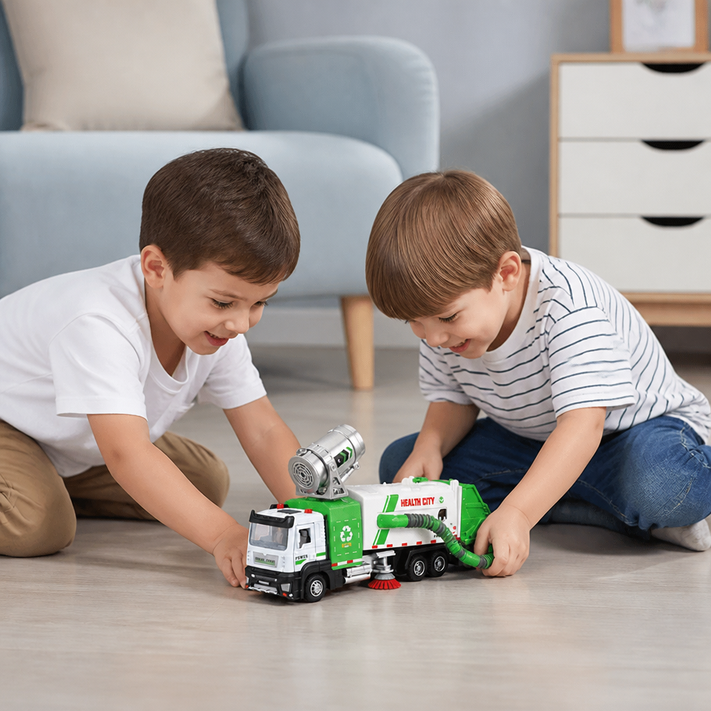 Die-Cast Street Sweeper Toy Truck with Vacuum Hose & Mist Spray