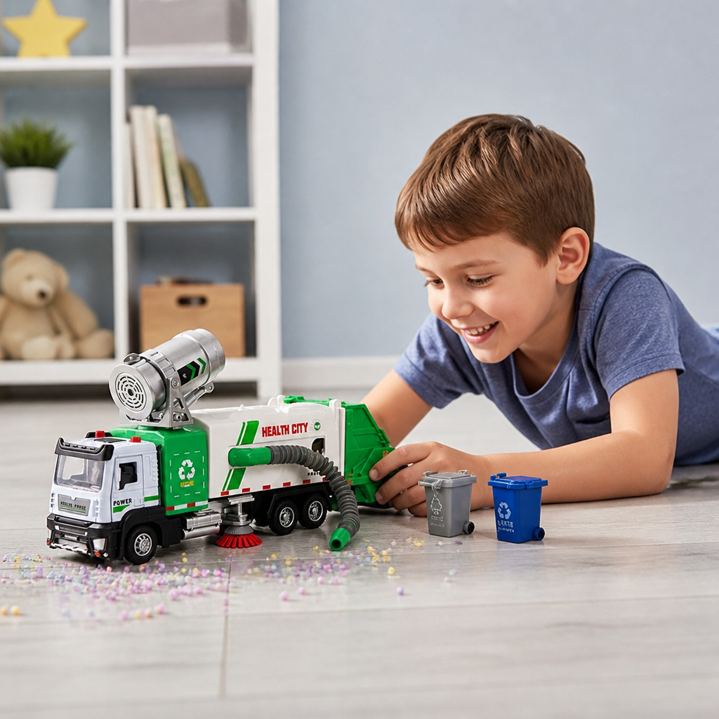 Die-Cast Street Sweeper Toy Truck with Vacuum Hose & Mist Spray
