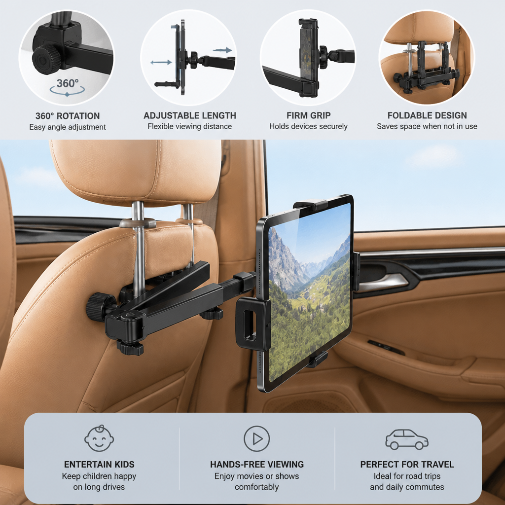360° Rotating Car Headrest Tablet Holder – Back Seat Mount for Tablets