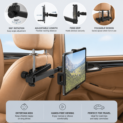 360° Rotating Car Headrest Tablet Holder – Back Seat Mount for Tablets