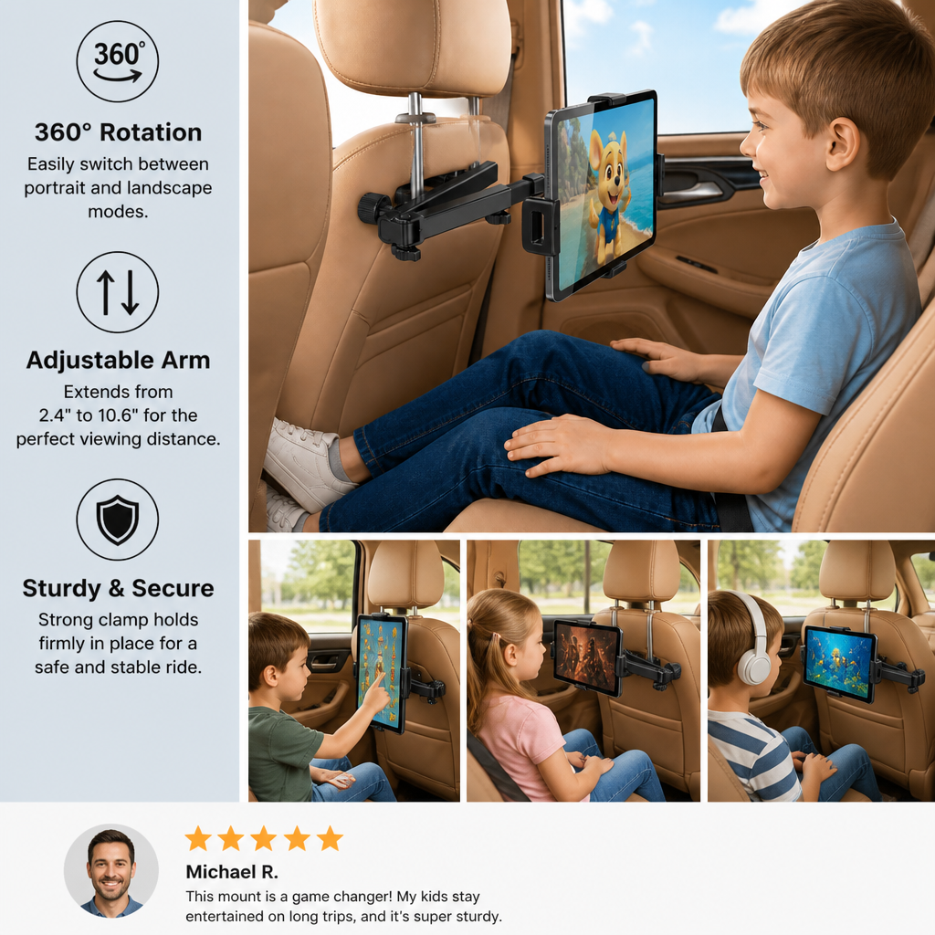 360° Rotating Car Headrest Tablet Holder – Back Seat Mount for Tablets