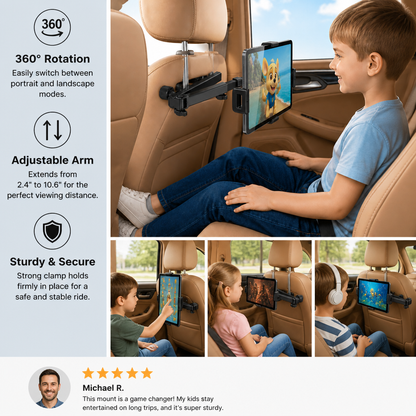 360° Rotating Car Headrest Tablet Holder – Back Seat Mount for Tablets