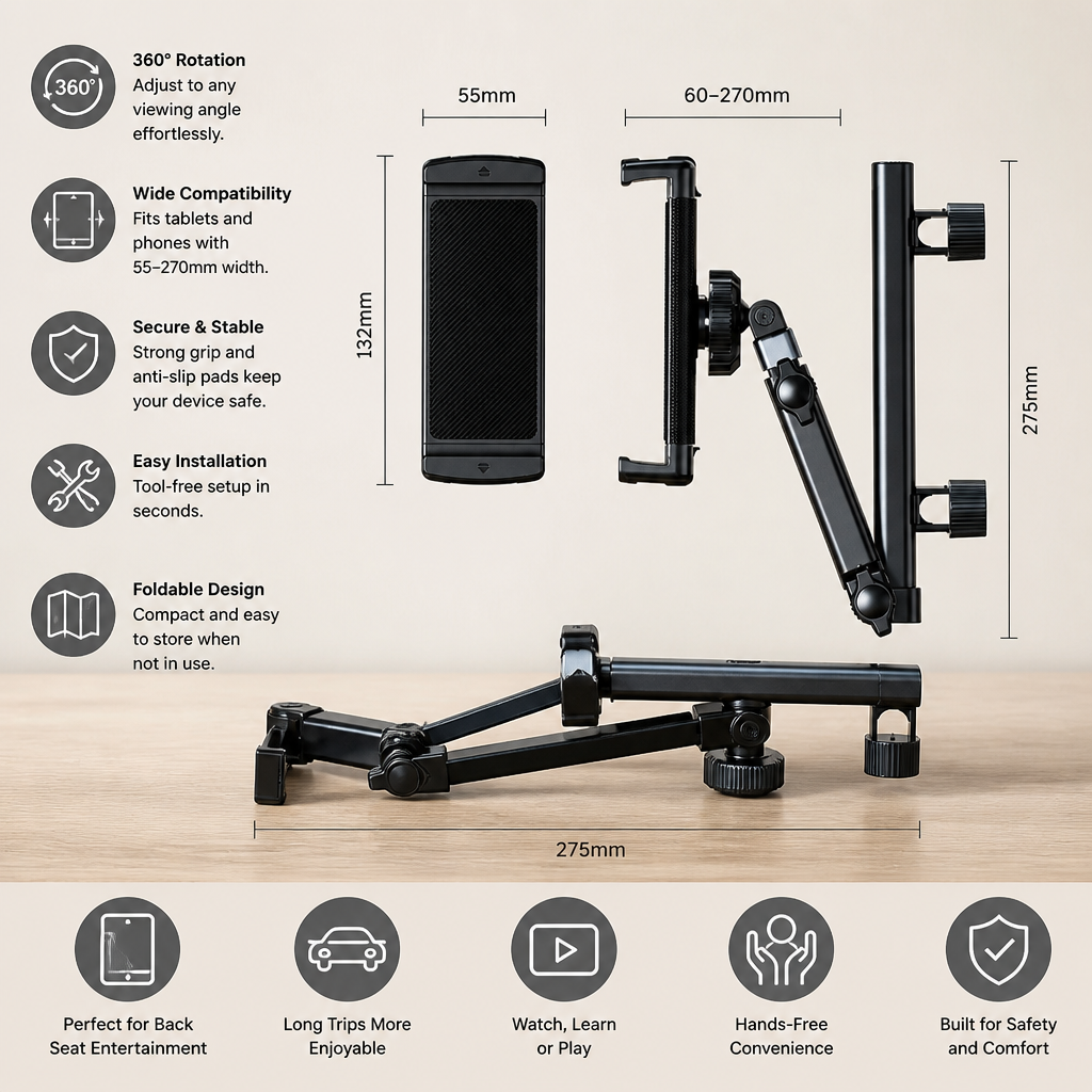 360° Rotating Car Headrest Tablet Holder – Back Seat Mount for Tablets