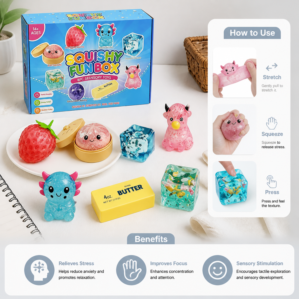 Premium Squishy Fidget Toy Set – 8 Sensory Toys