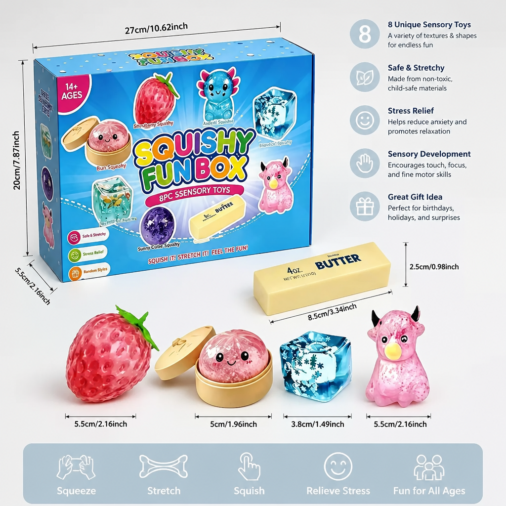 Premium Squishy Fidget Toy Set – 8 Sensory Toys