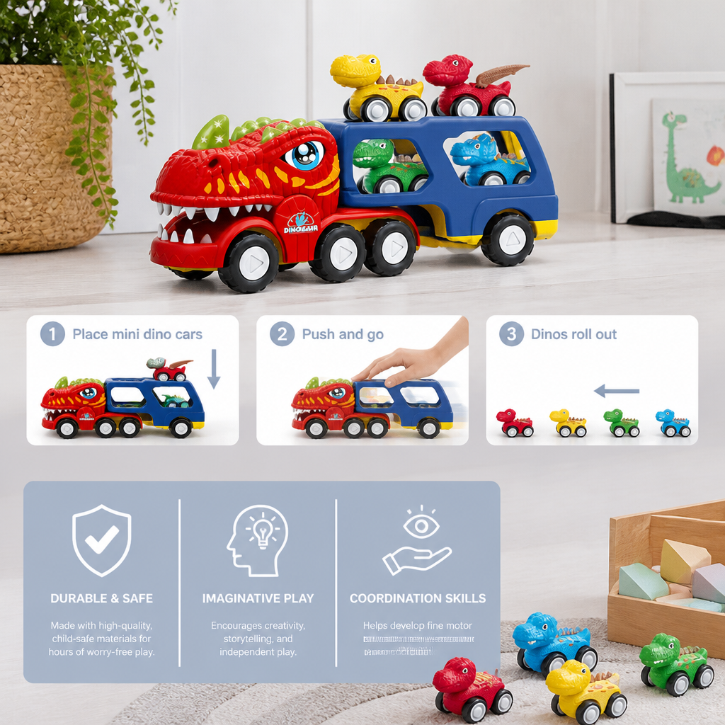 Dinosaur Transport Truck Toy Set with Mini Dino Cars
