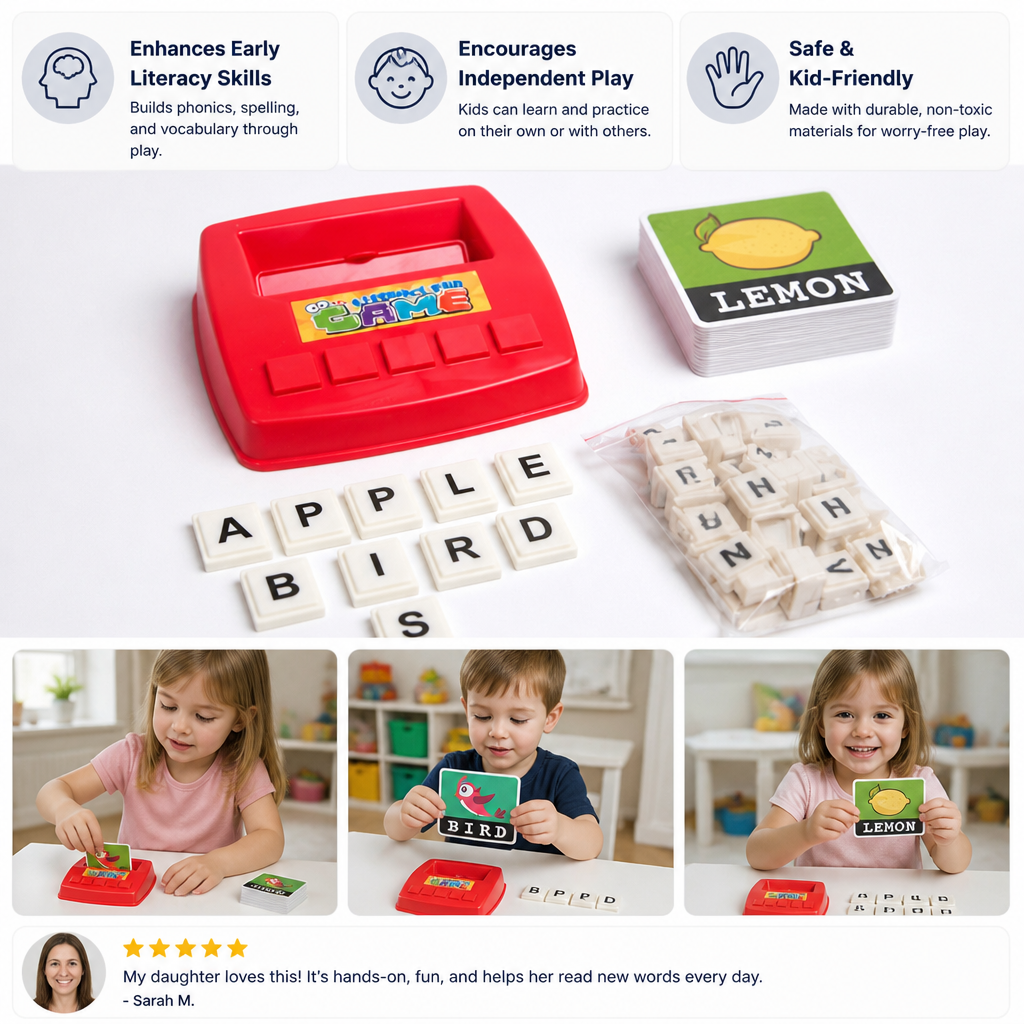 Interactive Spelling & Word Matching Game – Preschool Literacy Learning Toy with Picture Cards & Letter Tiles