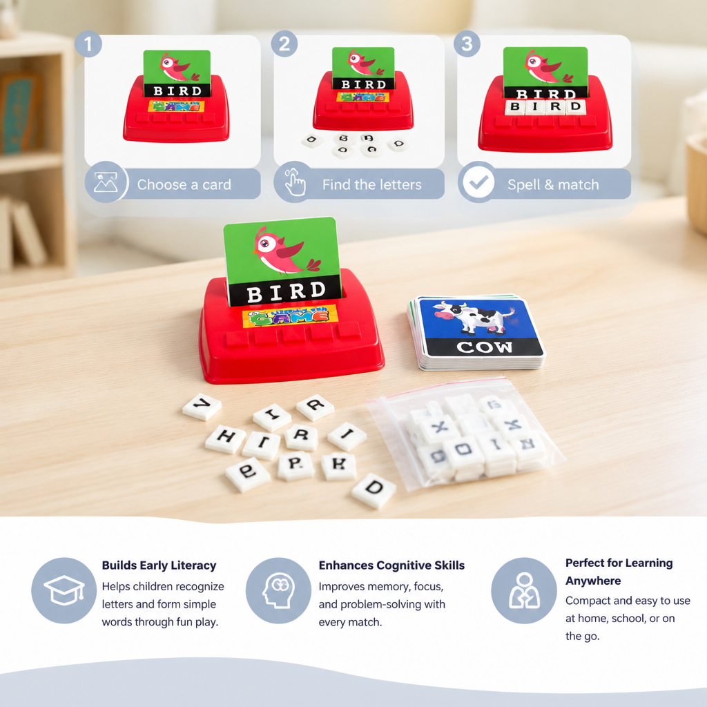 Interactive Spelling & Word Matching Game – Preschool Literacy Learning Toy with Picture Cards & Letter Tiles