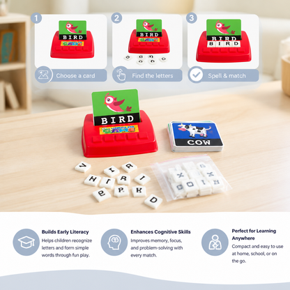 Interactive Spelling & Word Matching Game – Preschool Literacy Learning Toy with Picture Cards & Letter Tiles