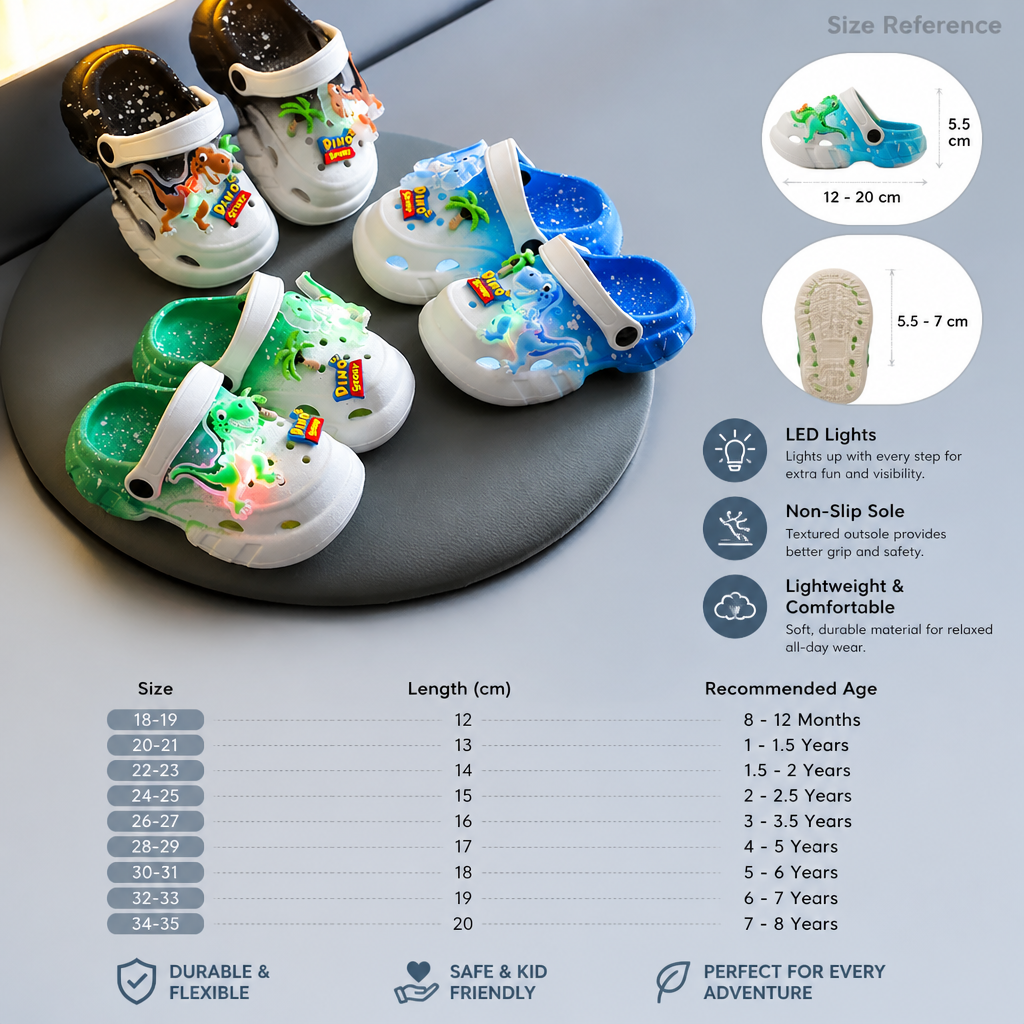 Kids’ LED Dinosaur Clogs – Light-Up Non-Slip Summer Garden & Beach Shoes