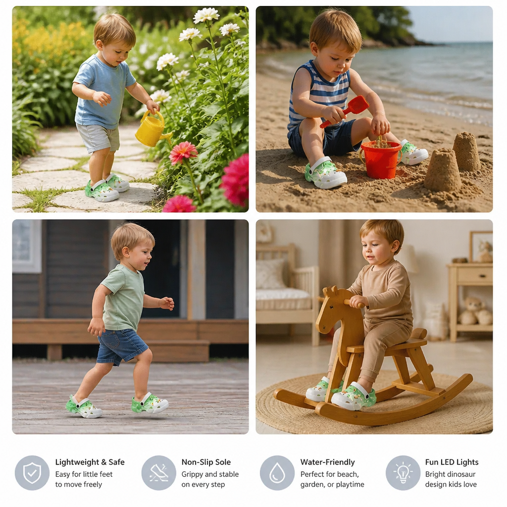 Kids’ LED Dinosaur Clogs – Light-Up Non-Slip Summer Garden & Beach Shoes
