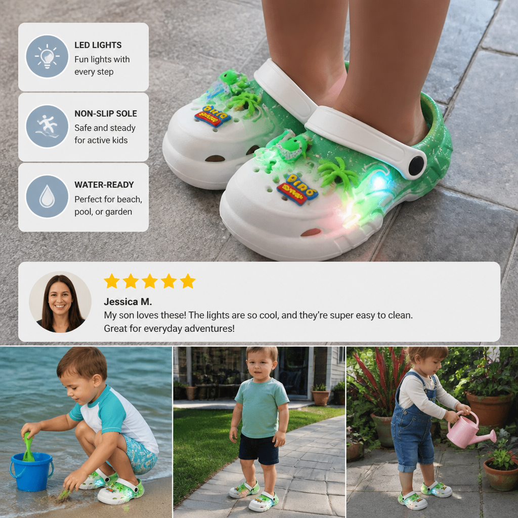 Kids’ LED Dinosaur Clogs – Light-Up Non-Slip Summer Garden & Beach Shoes