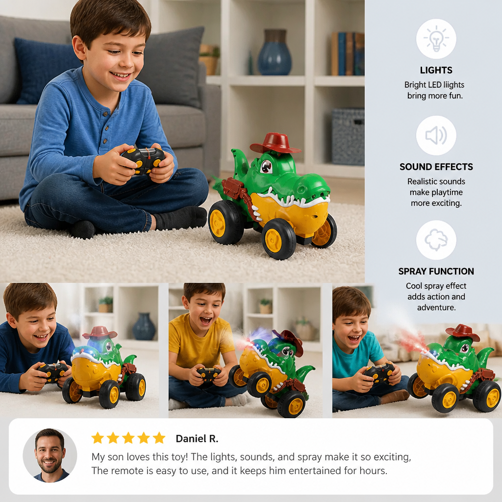 Remote Control Crocodile Stunt Car – Lights, Spray & Sound Effects