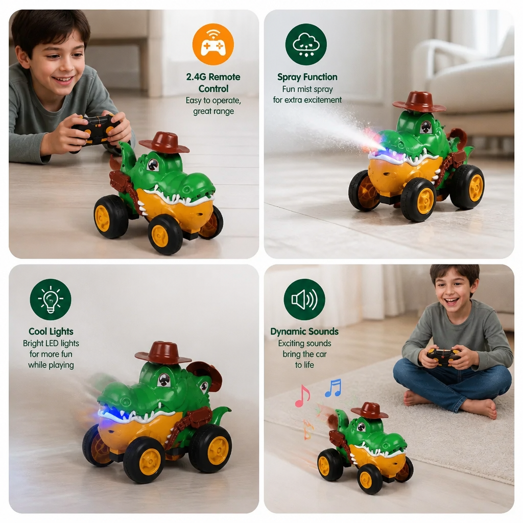 Remote Control Crocodile Stunt Car – Lights, Spray & Sound Effects