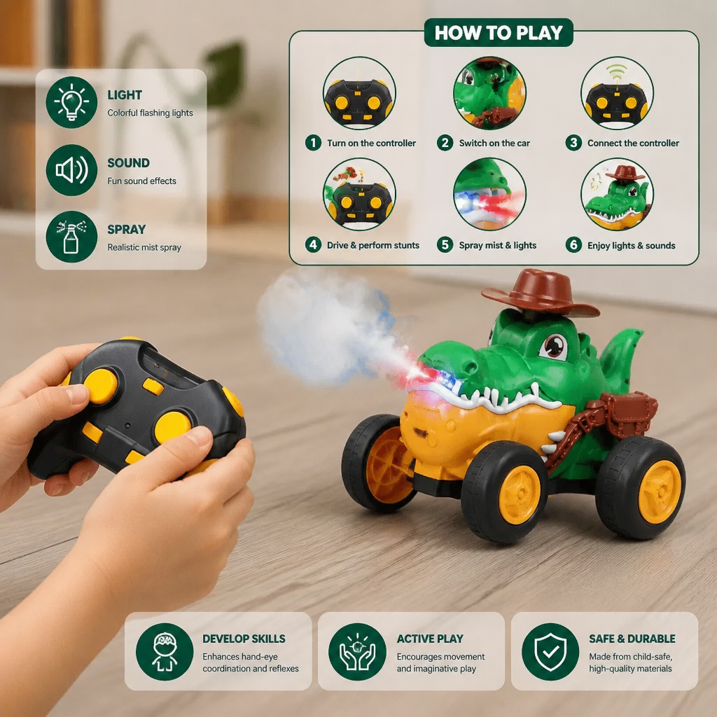 Remote Control Crocodile Stunt Car – Lights, Spray & Sound Effects