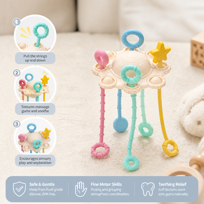 Montessori Sensory Pull & Explore Teething Toy – Silicone Pull Cord for Tactile Learning & Gum Relief
