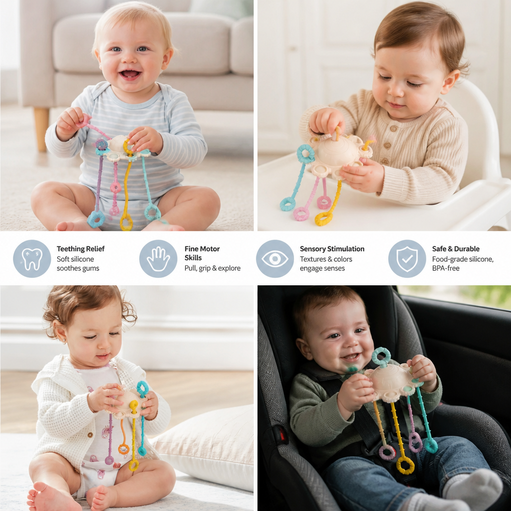 Montessori Sensory Pull & Explore Teething Toy – Silicone Pull Cord for Tactile Learning & Gum Relief