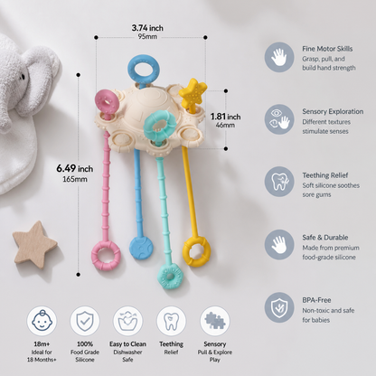 Montessori Sensory Pull & Explore Teething Toy – Silicone Pull Cord for Tactile Learning & Gum Relief