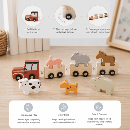Wooden Farm Animal Train – Toy with Flexible Wheels for Children