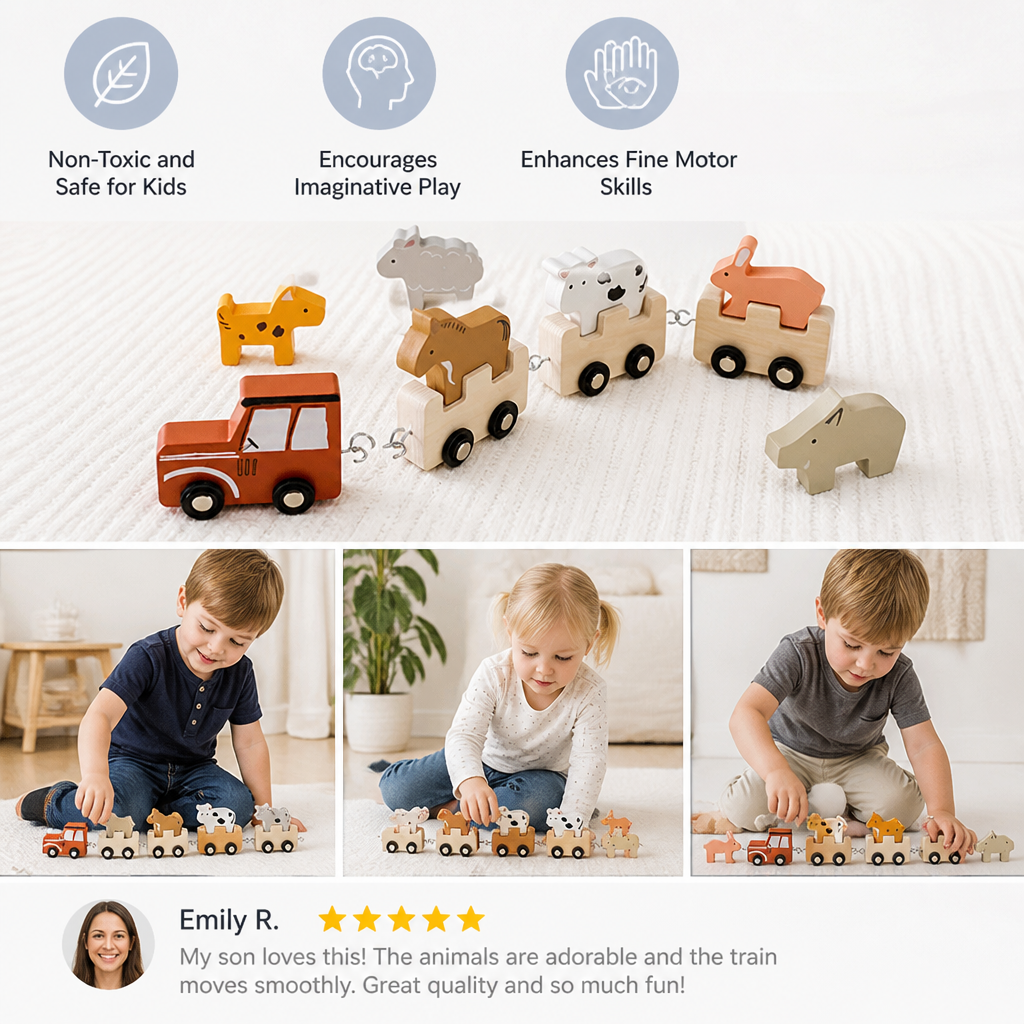Wooden Farm Animal Train – Toy with Flexible Wheels for Children