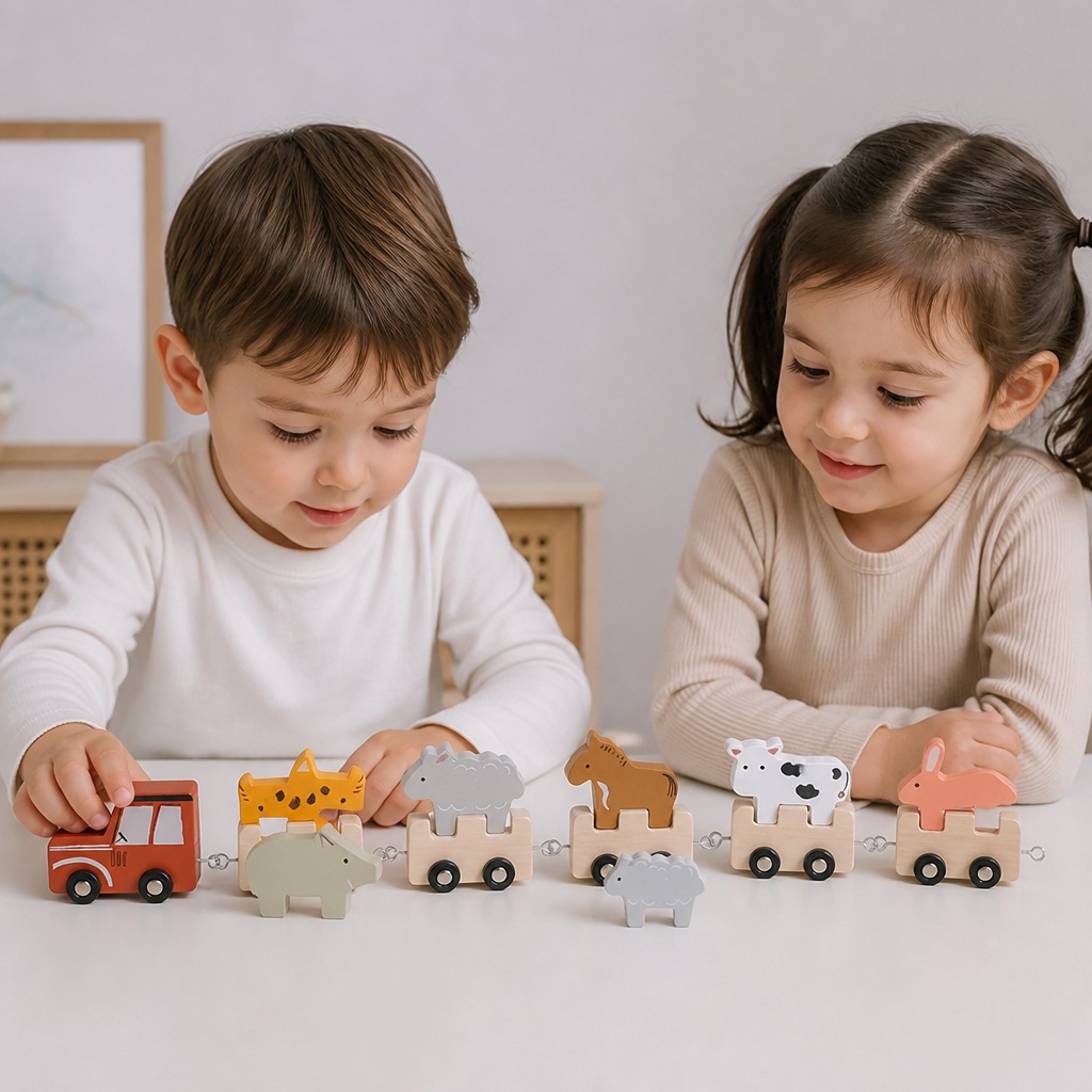 Wooden Farm Animal Train – Toy with Flexible Wheels for Children