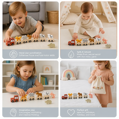 Wooden Farm Animal Train – Toy with Flexible Wheels for Children