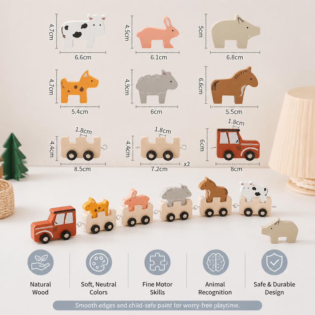 Wooden Farm Animal Train – Toy with Flexible Wheels for Children